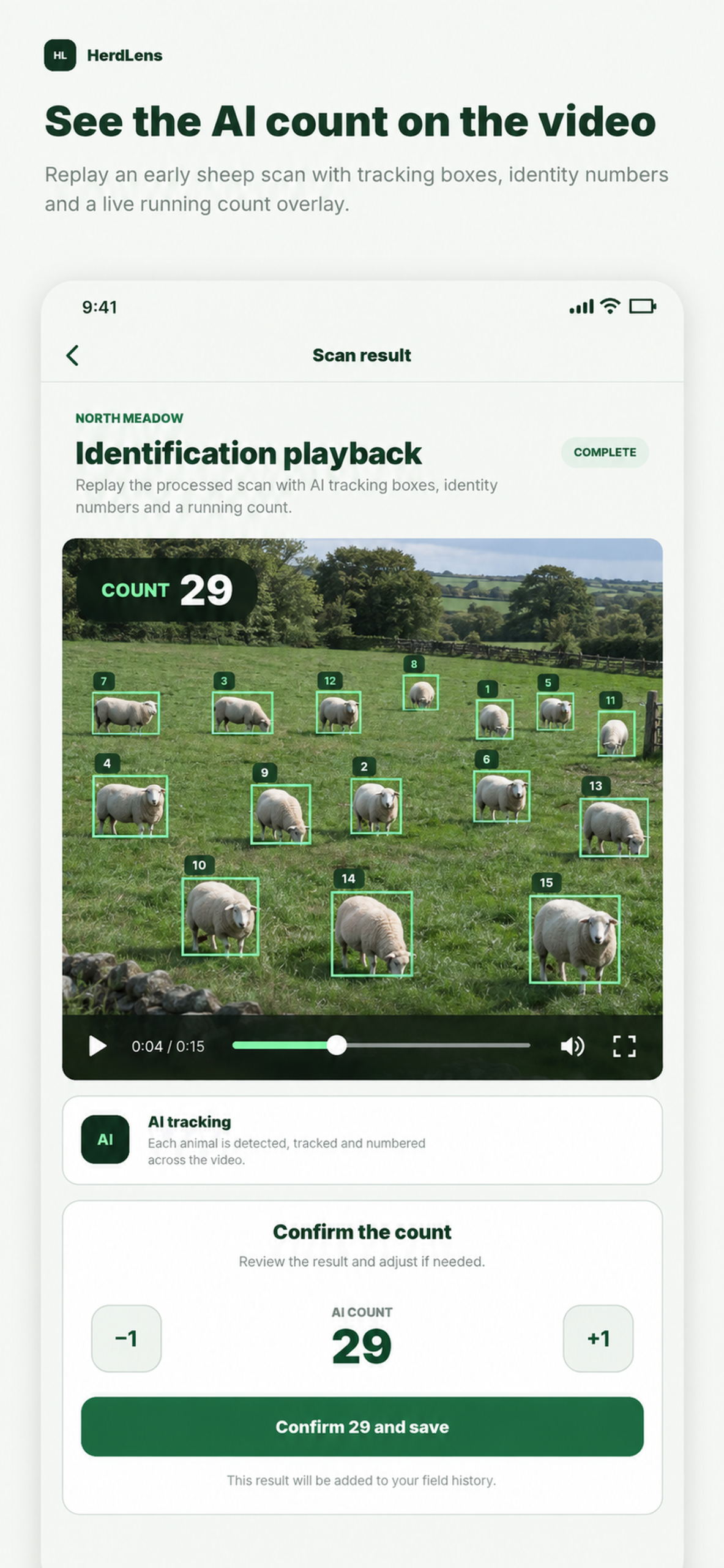 HerdLens AI livestock counting screen showing sheep tracking boxes, a count of 29 and confirmation controls